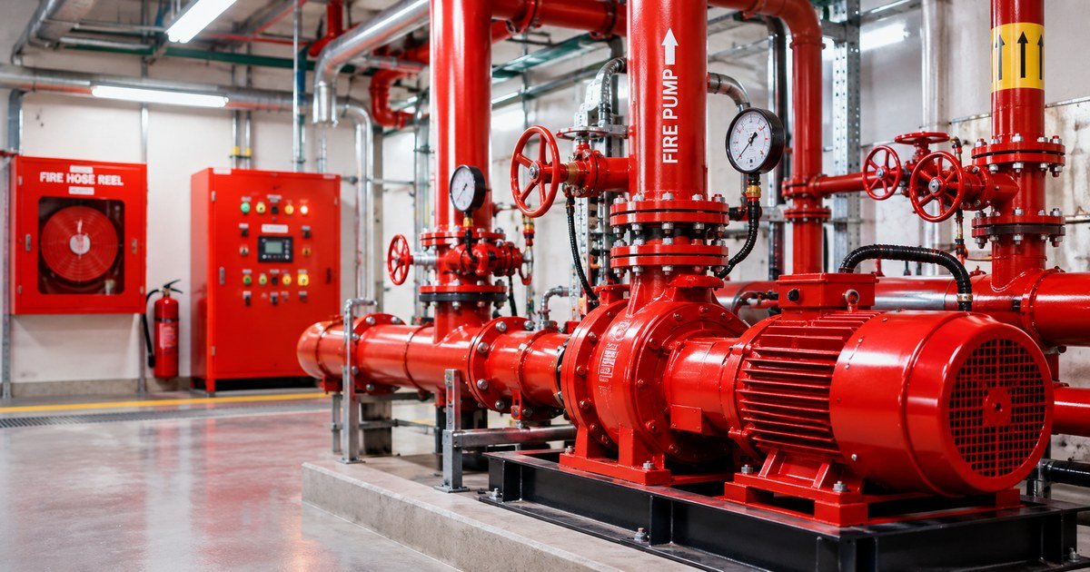Fire pump room with red pipework